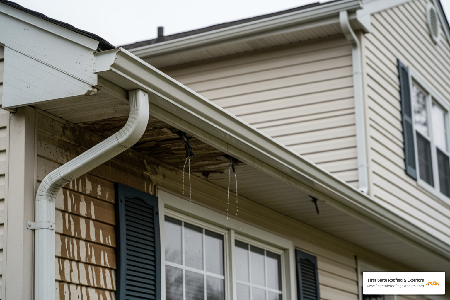 sagging gutters and water stains on siding requiring house gutter replacement - house gutter replacement