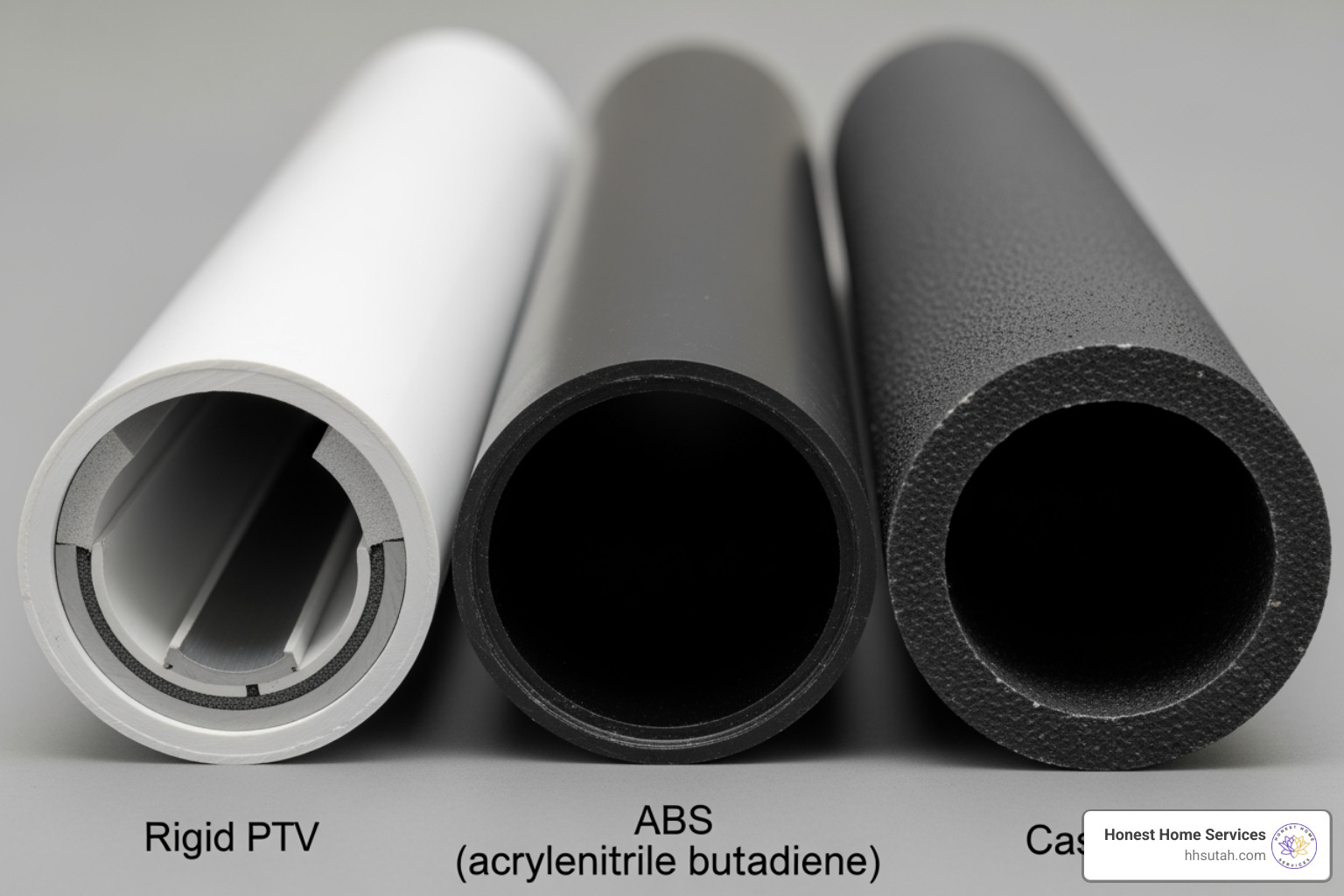 Visual guide of PVC, ABS, and Cast Iron pipe materials - Drain pipe repair Visual guide of PVC, ABS, and Cast Iron pipe materials - Drain pipe repair