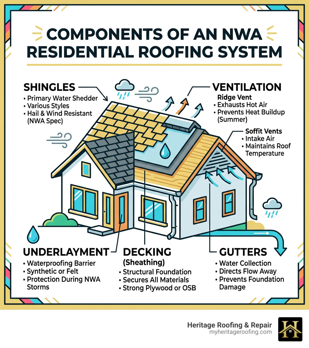 Components of a residential roofing system in Northwest Arkansas including shingles, underlayment, decking, ventilation, and Components of a residential roofing system in Northwest Arkansas including shingles, underlayment, decking, ventilation, and