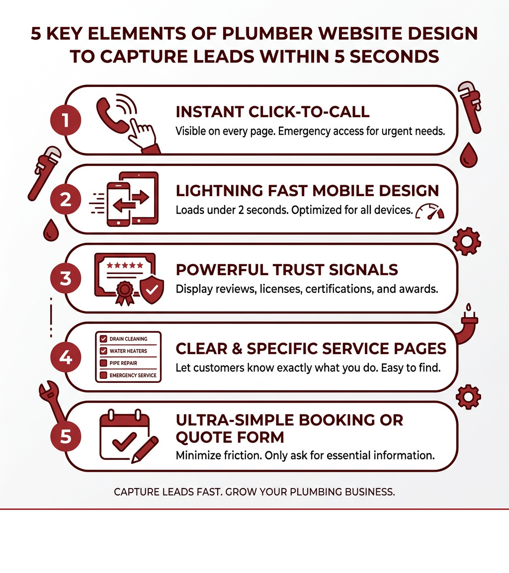 Infographic showing 5 key elements of plumber website design that capture leads within 5 seconds - plumber business website