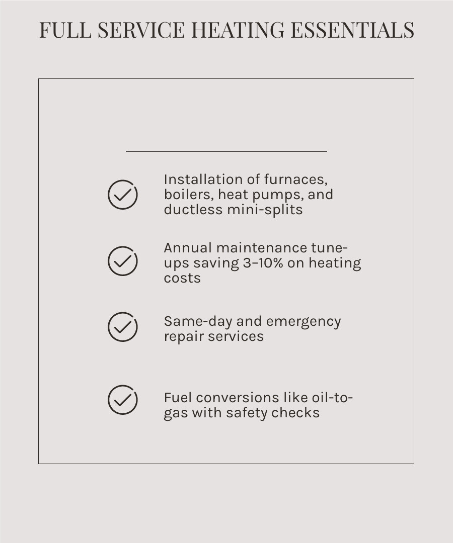 Full service heating components infographic: installation, maintenance, repair, fuel conversions, efficiency upgrades