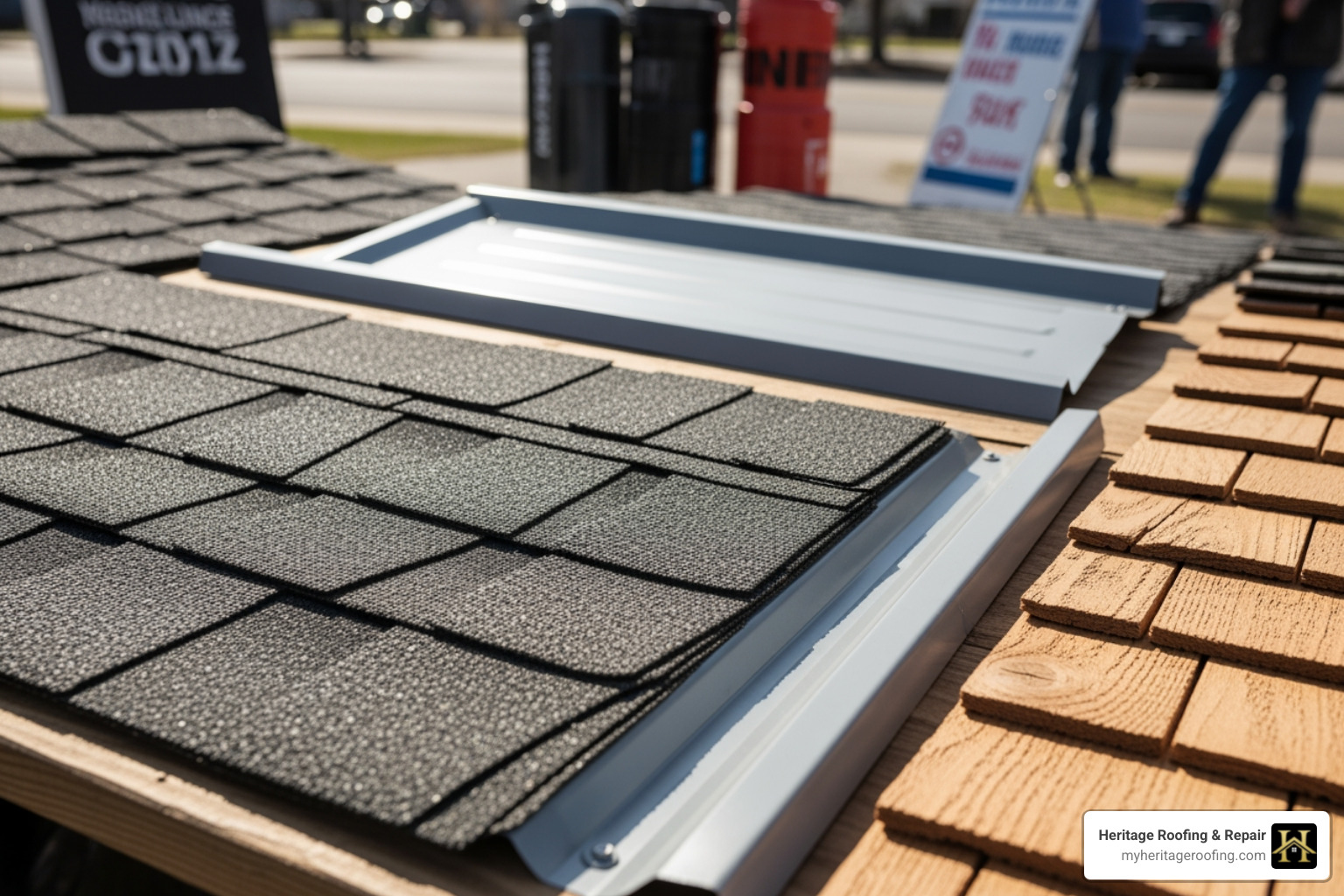 Samples of different roofing materials like asphalt, metal, and wood shake - residental roofing northwest arkansas Samples of different roofing materials like asphalt, metal, and wood shake - residental roofing northwest arkansas