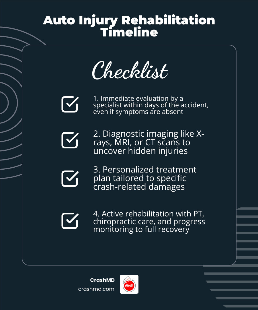 Timeline infographic showing post-accident symptom onset and rehabilitation stages from day 1 to full recovery - Auto injury