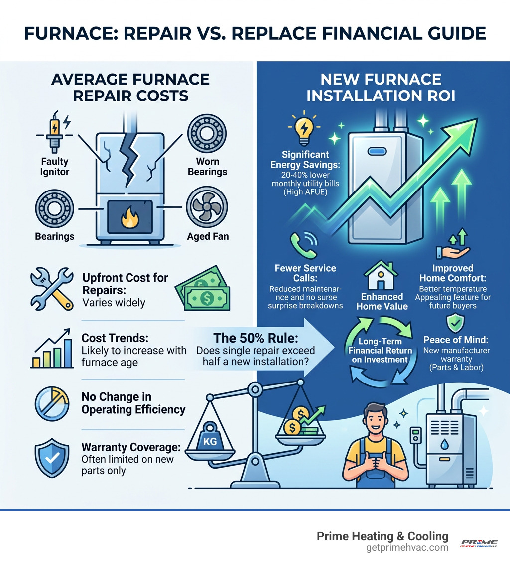 Comparison table of average furnace repair costs vs new installation ROI - repair vs replace furnace infographic 