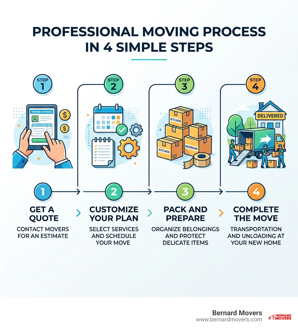 Infographic showing 4-step professional moving process: get quote, customize plan, pack and prepare, complete move - movers