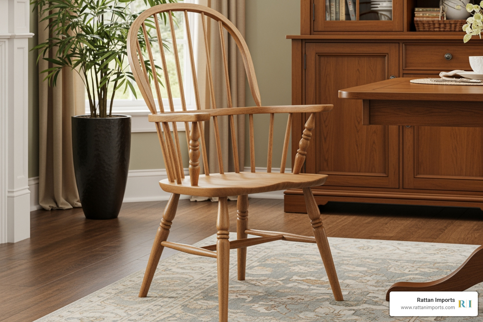 Traditional Windsor armchair in a natural ash finish - english arm dining chair