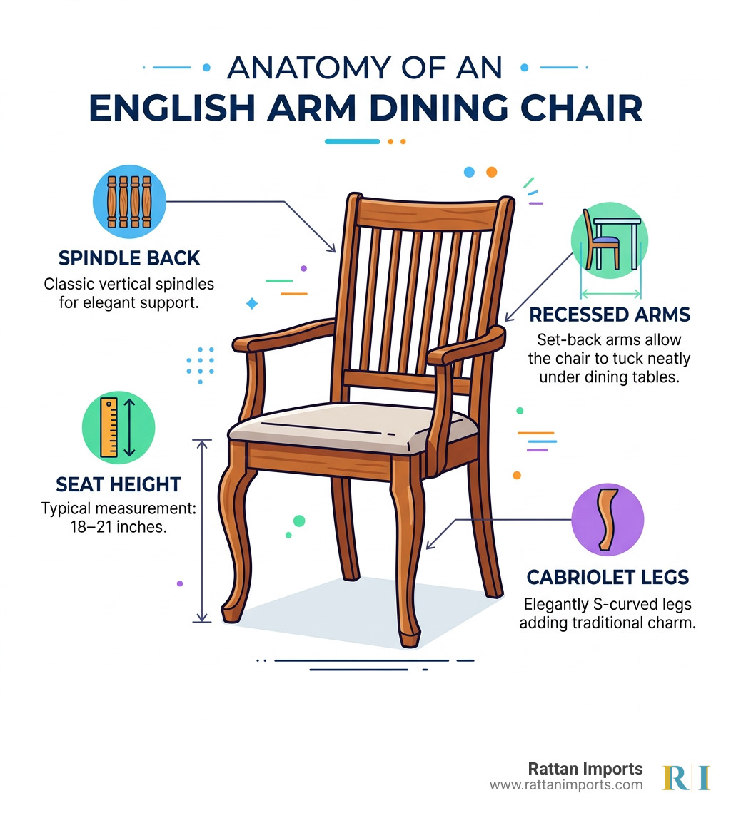 Infographic showing key anatomy of an English arm dining chair: recessed arms, cabriolet legs, spindle back, and seat height