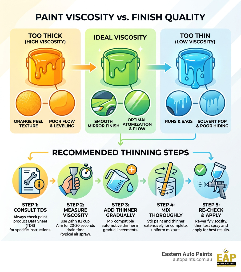 Visual guide for thinning car paint showing how proper viscosity prevents orange peel, runs, sags, and solvent pop.