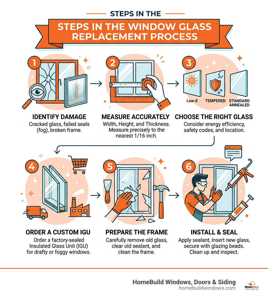 Steps in the window glass replacement process from identifying damage to installation - window replacement glass infographic 