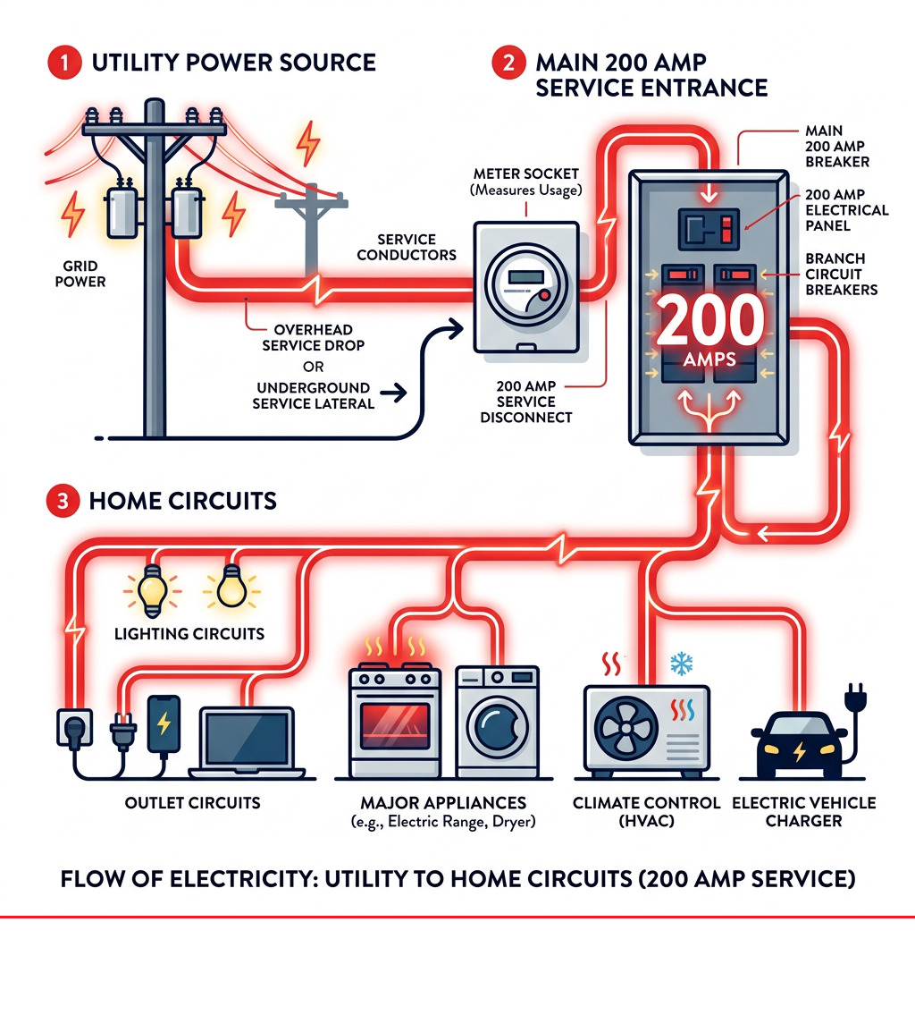 Infographic showing how electricity flows from utility pole to 200 amp panel to home circuits - 200 amp service for house Infographic showing how electricity flows from utility pole to 200 amp panel to home circuits - 200 amp service for house