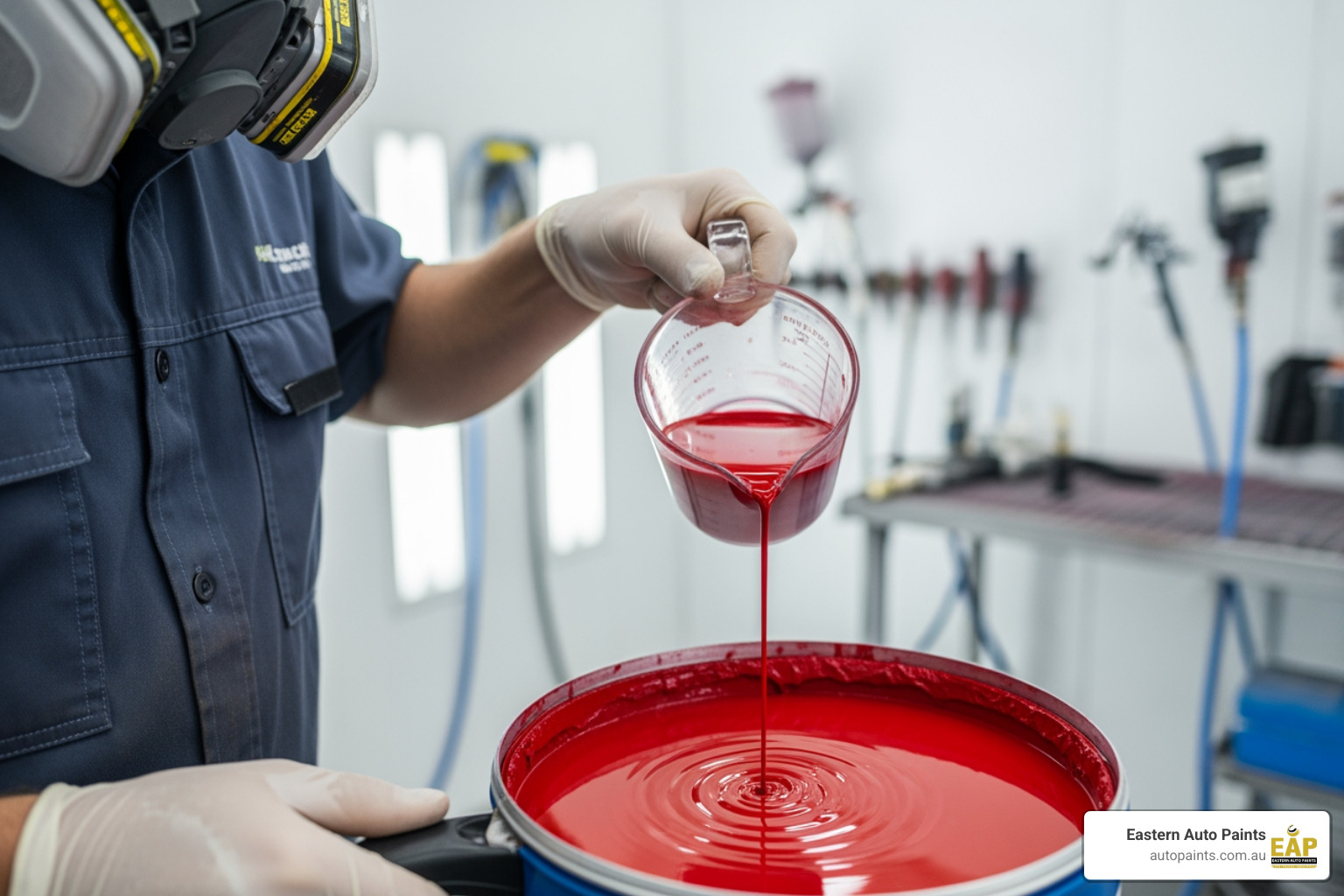 A technician in a respirator and gloves pouring red liquid while thinning car paint to achieve the correct spray consistency.