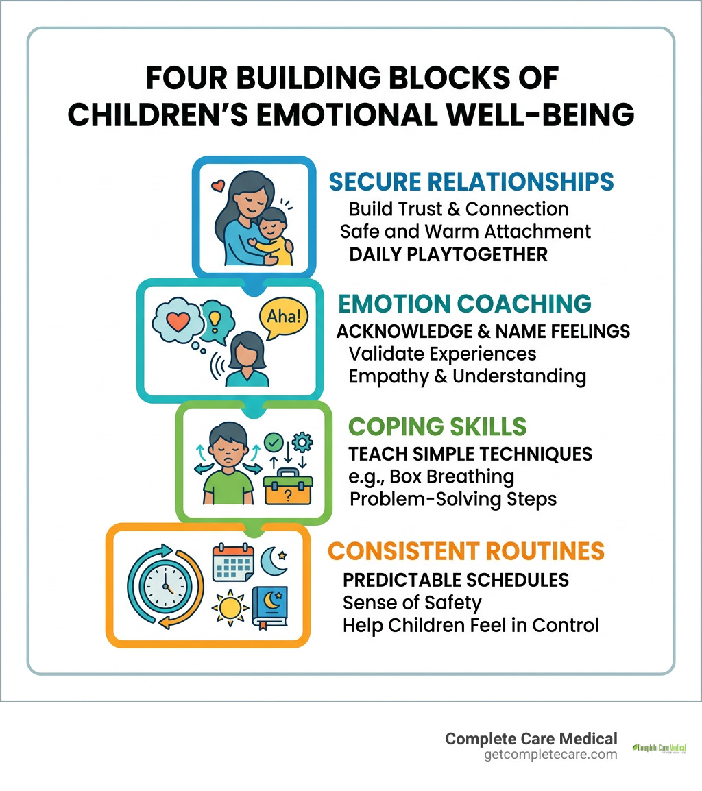 Four building blocks of children's emotional well-being: secure relationships, emotion coaching, coping skills, and