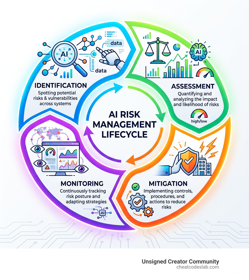 AI risk management lifecycle infographic showing identification, assessment, mitigation, and monitoring stages - AI tools