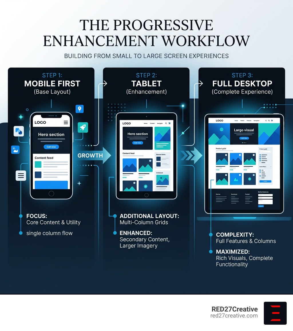 Infographic showing the progressive enhancement workflow from mobile base layout to tablet to full desktop experience Infographic showing the progressive enhancement workflow from mobile base layout to tablet to full desktop experience