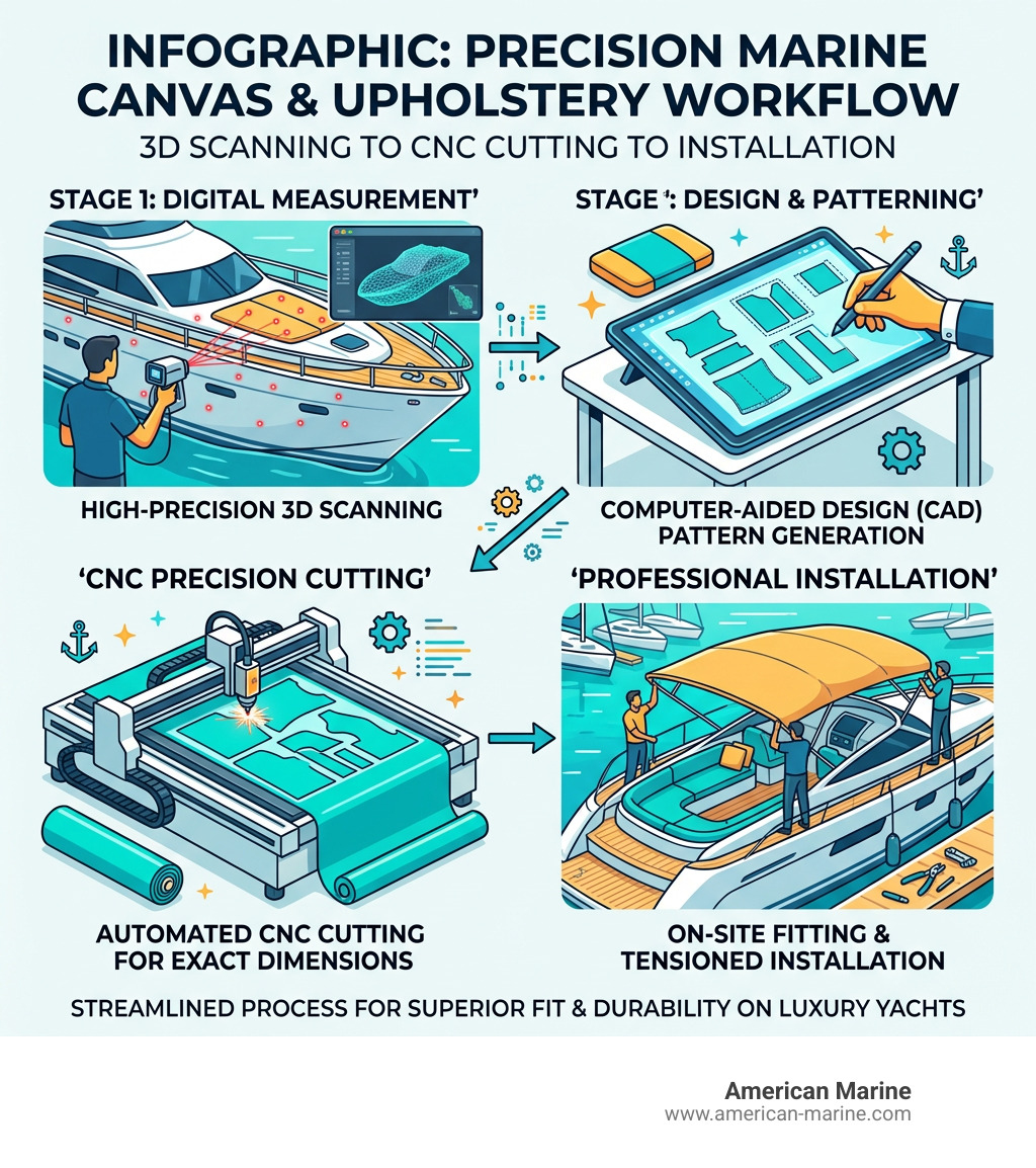 Infographic: 3D scanning to CNC cutting to installation workflow for yacht marine canvas and upholstery - Marine canvas and