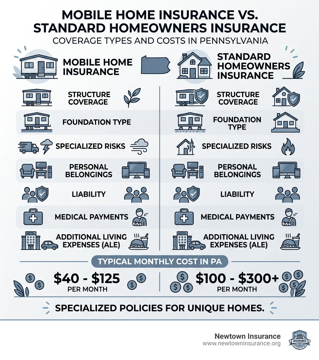 Infographic comparing mobile home insurance vs. standard homeowners insurance coverage types and costs - mobile home