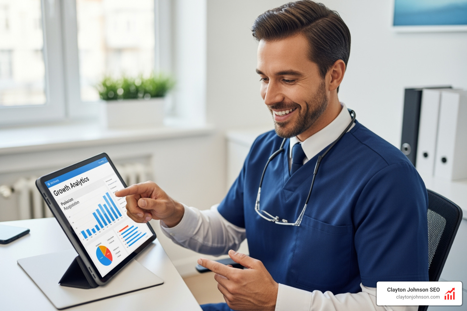 Dentist reviewing growth analytics and patient acquisition data on a tablet - dentist SEO services near me