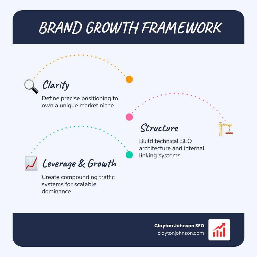 Infographic summarizing the Clayton Johnson growth framework: Clarity, Structure, Leverage, and Compounding Growth - brand
