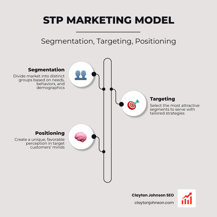 Infographic showing the STP marketing model: Segmentation, Targeting, and Positioning steps with brief descriptions - brand