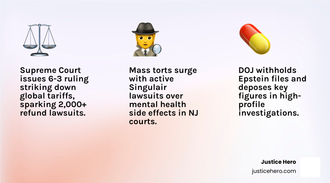 Infographic showing the 2026 legal news cycle including SCOTUS rulings, mass torts, immigration, and corporate enforcement