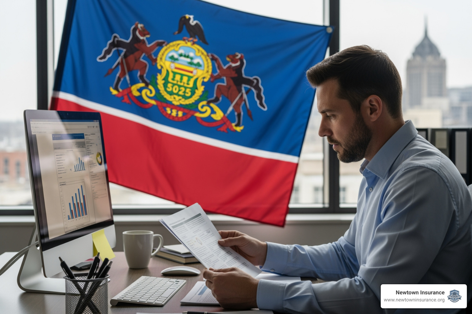 Small business owner in Pennsylvania reviewing compliance documents - Workers compensation insurance PA