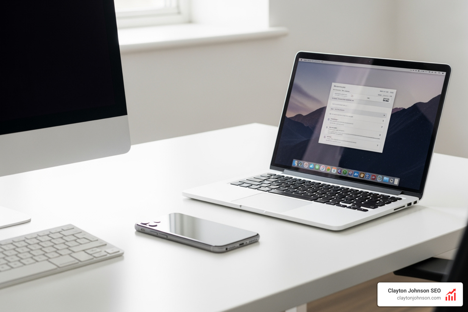 Apple's minimalist product design showing a clean workspace with a MacBook and iPhone - brand positioning