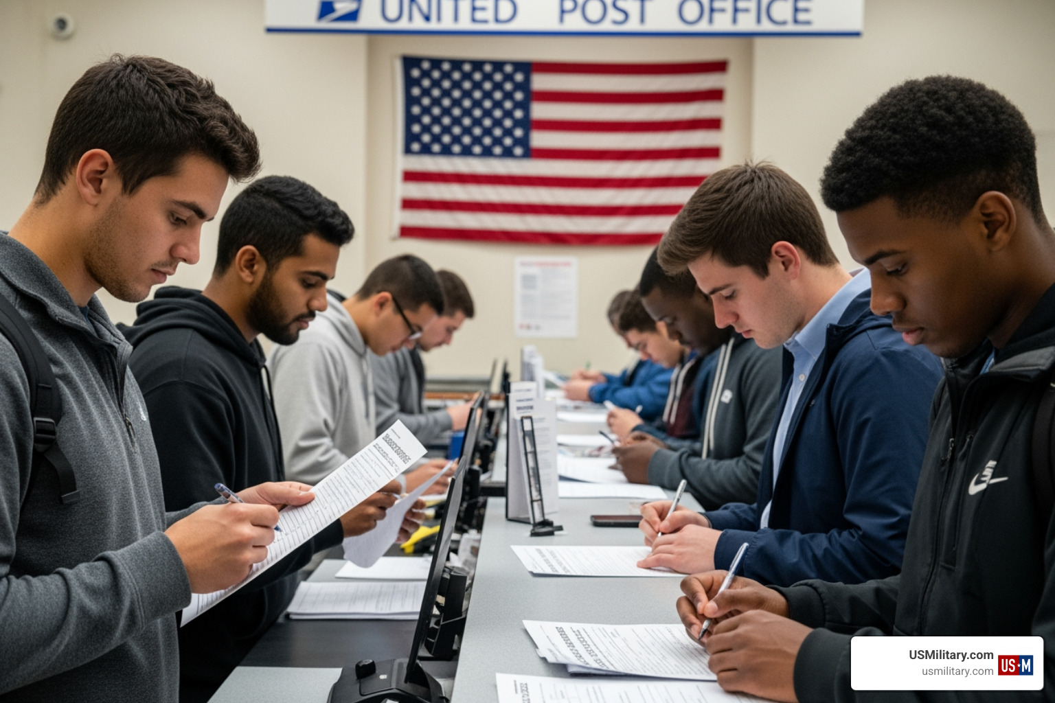 Young men at a post office filling out registration forms - what happens if you don t register for selective service