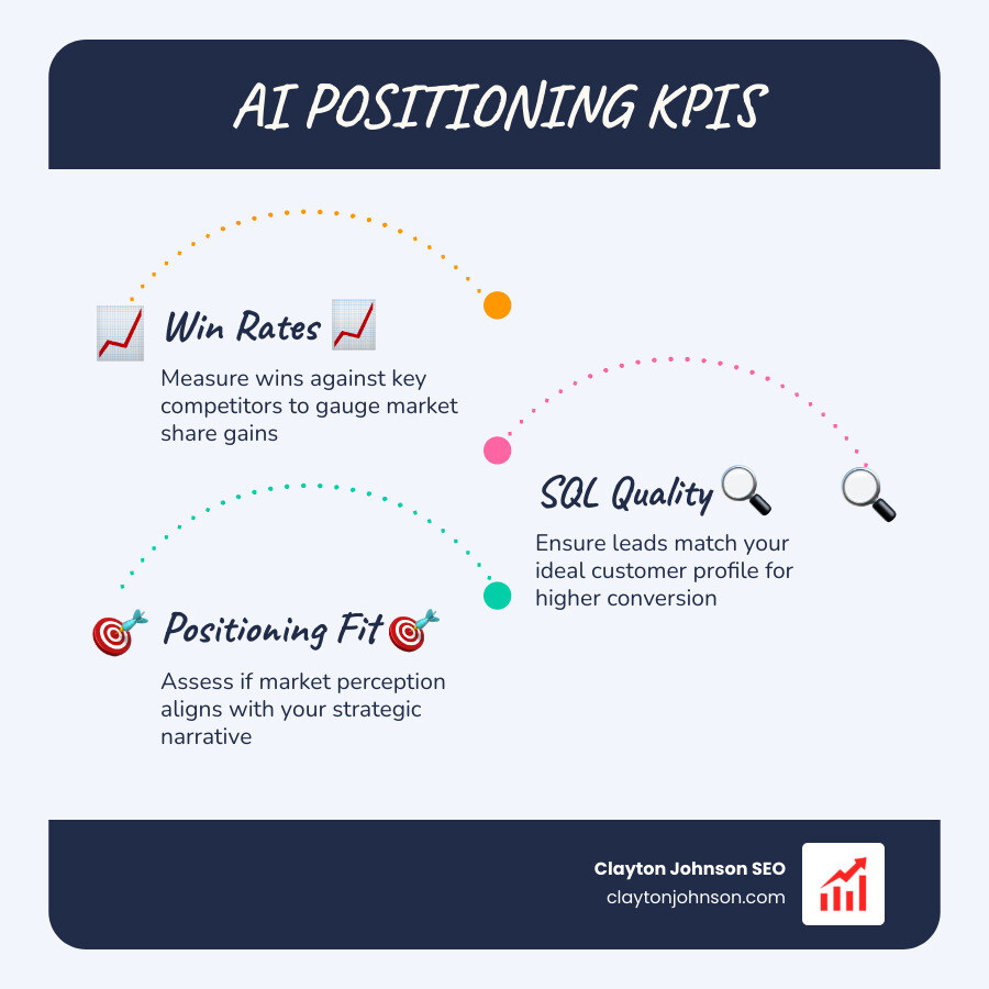 Infographic showing marketing KPIs: win rates, SQL quality, and market relevance index - ai positioning model infographic