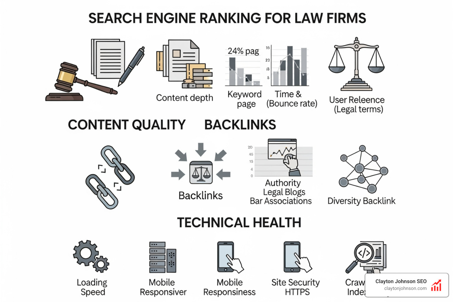 Search engine ranking factors for law firms showing content, links, and technical health - Legal Industry SEO & Marketing Search engine ranking factors for law firms showing content, links, and technical health - Legal Industry SEO & Marketing