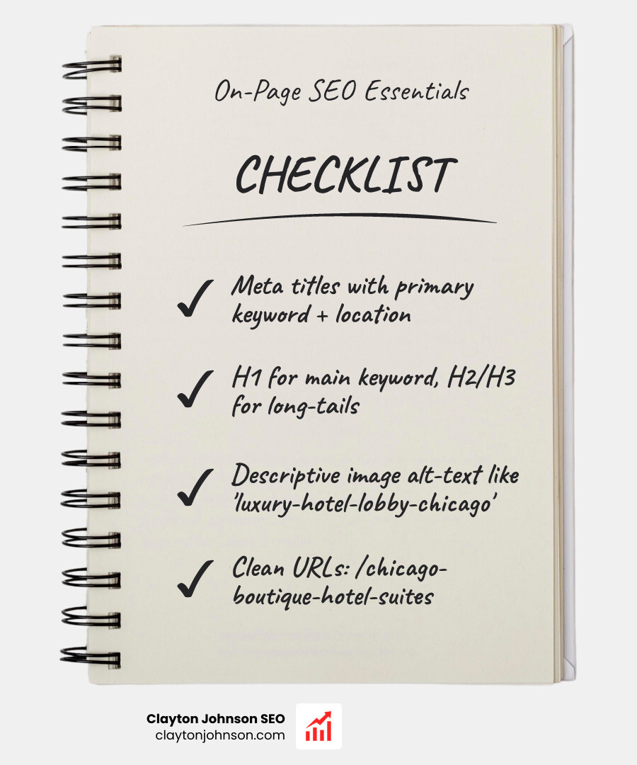 Corporate infographic showing on-page SEO elements for a hotel website - SEO keywords for hotels infographic