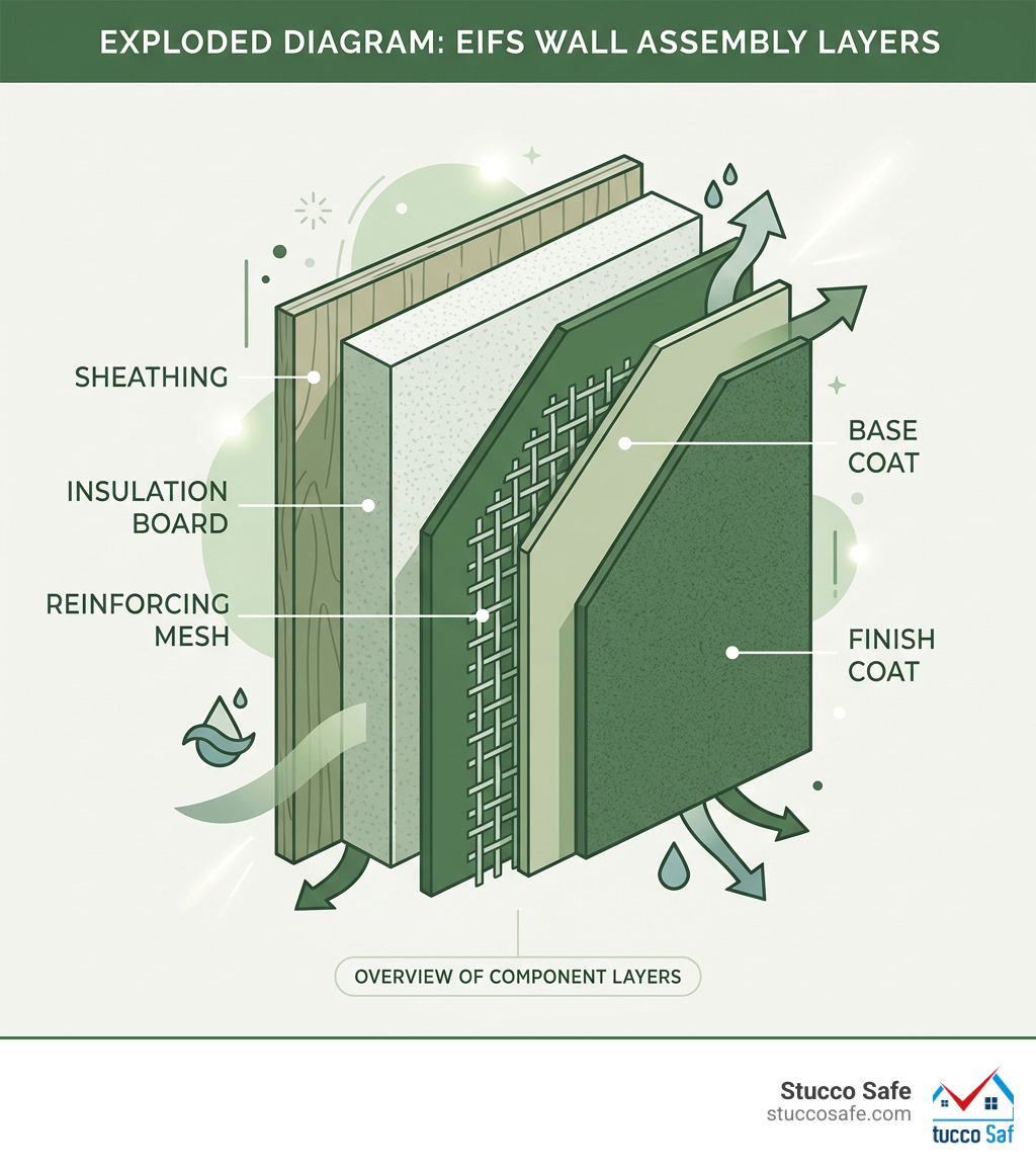 Diagram showing the layers of an EIFS wall assembly including finish coat, base coat, mesh, insulation, and sheathing Diagram showing the layers of an EIFS wall assembly including finish coat, base coat, mesh, insulation, and sheathing
