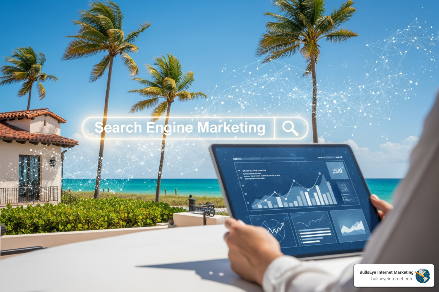 Person using tablet to analyze search engine marketing data with palm trees and ocean in the background, emphasizing digital marketing services by Bullseye Internet.