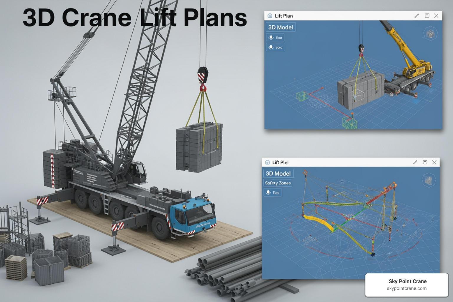 Crane clearance conflict with a building during a simulated lift - 3d crane lift plans Crane clearance conflict with a building during a simulated lift - 3d crane lift plans