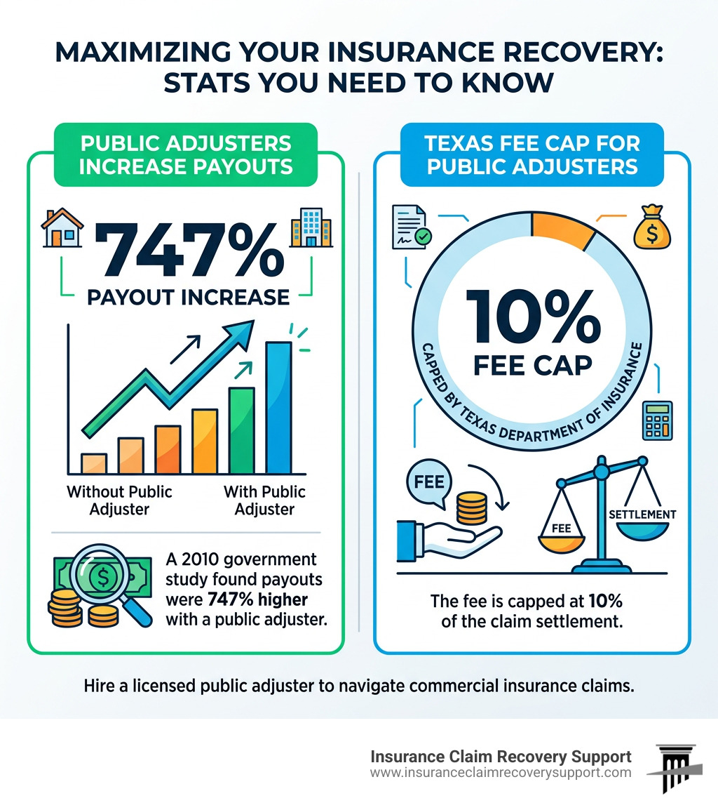 Infographic showing the 747% payout increase statistic and the 10% Texas fee cap for public adjusters - insurance adjuster Infographic showing the 747% payout increase statistic and the 10% Texas fee cap for public adjusters - insurance adjuster