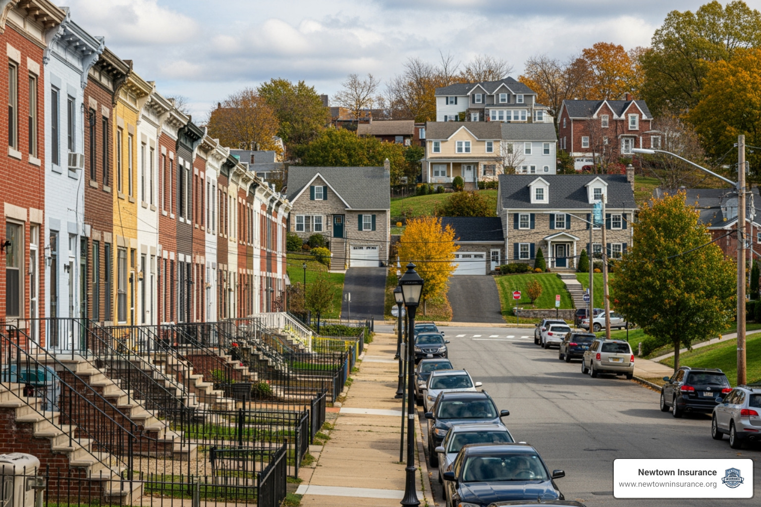 Residential street in Pennsylvania showing different types of construction - home insurance Pennsylvania