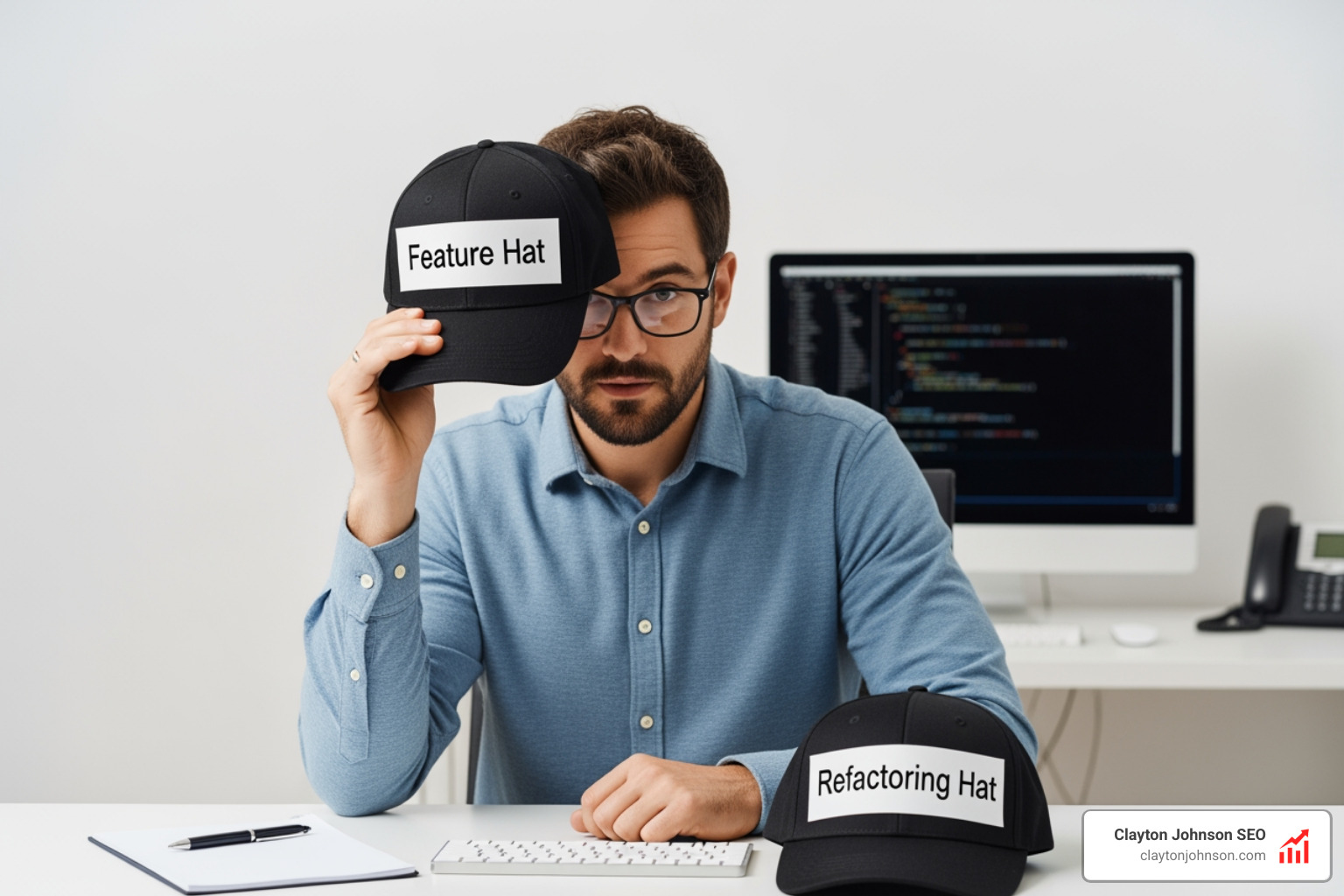 Developer switching between a Refactoring Hat and a Feature Hat while working at a clean desk - code refactoring
