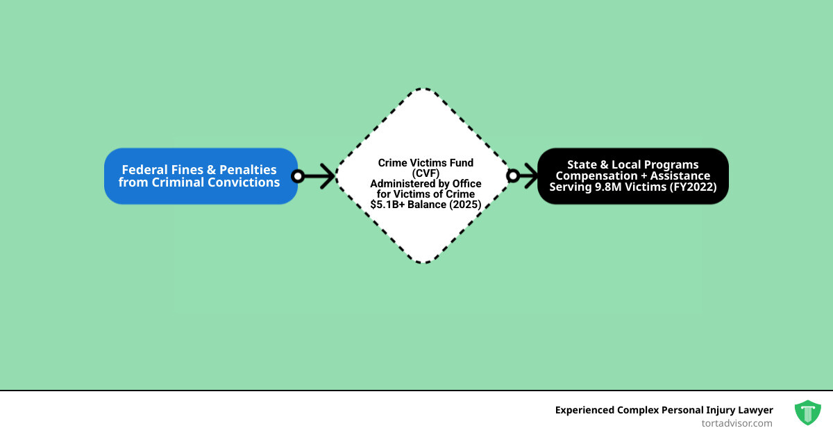 Infographic showing flow of crime victim funding from federal fines to state programs to survivors - crime victims Infographic showing flow of crime victim funding from federal fines to state programs to survivors - crime victims