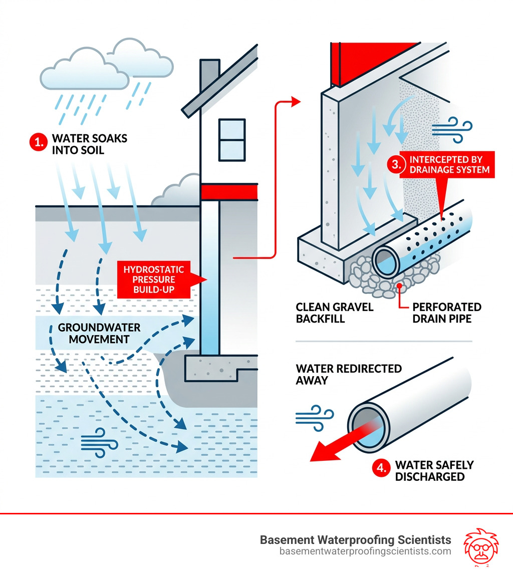 How water moves through soil toward foundation walls and into a footing drainage system - footing drainage system