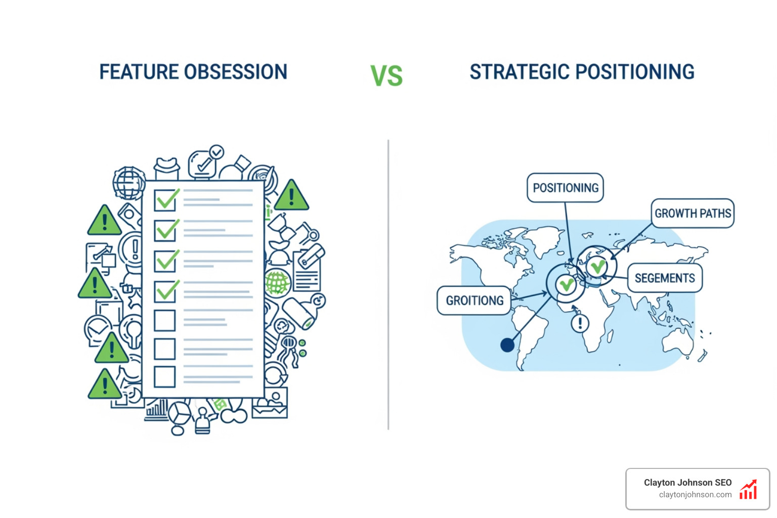 Graphic showing the "Feature Obsession" pitfall vs. "Strategic Positioning" - competitive landscape map
