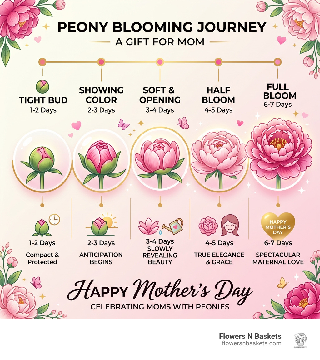 Infographic showing blooming stages of a peony from tight bud to full bloom for Mother's Day - happy mothers day peonies