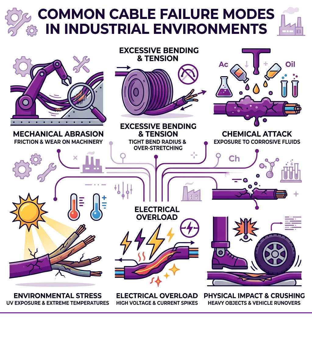 Common cable failure modes in industrial environments infographic - prevent cable damage infographic Common cable failure modes in industrial environments infographic - prevent cable damage infographic
