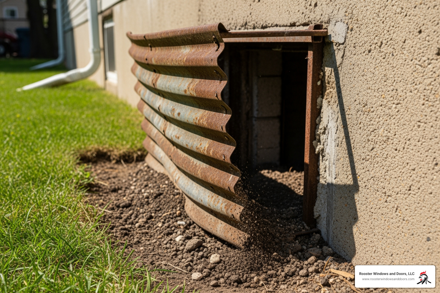 A rusted, corrugated metal window well pulling away from a concrete foundation wall with soil falling into the gap - window A rusted, corrugated metal window well pulling away from a concrete foundation wall with soil falling into the gap - window