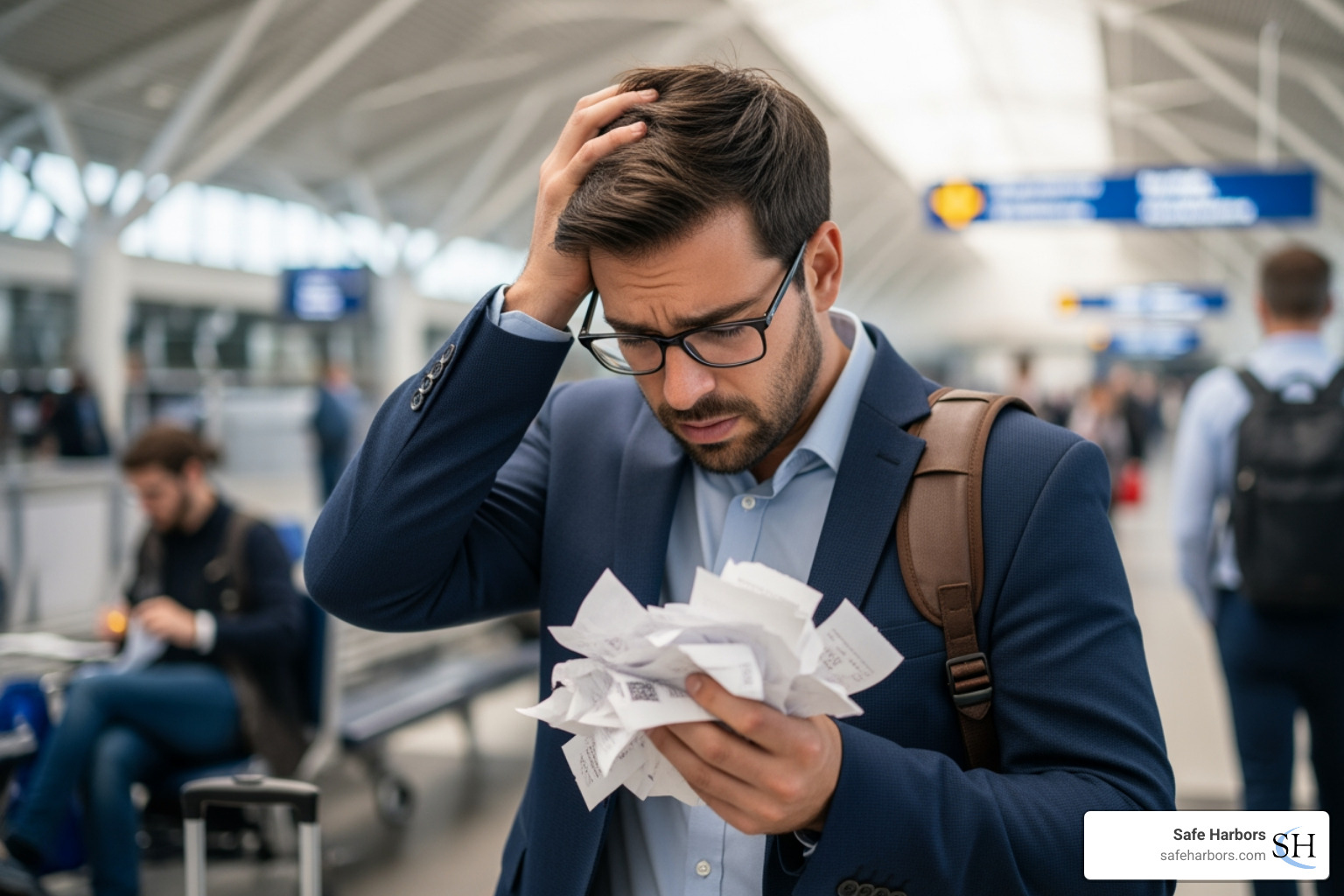 A traveler looking frustrated while holding a pile of crumpled paper receipts - travel spend management A traveler looking frustrated while holding a pile of crumpled paper receipts - travel spend management