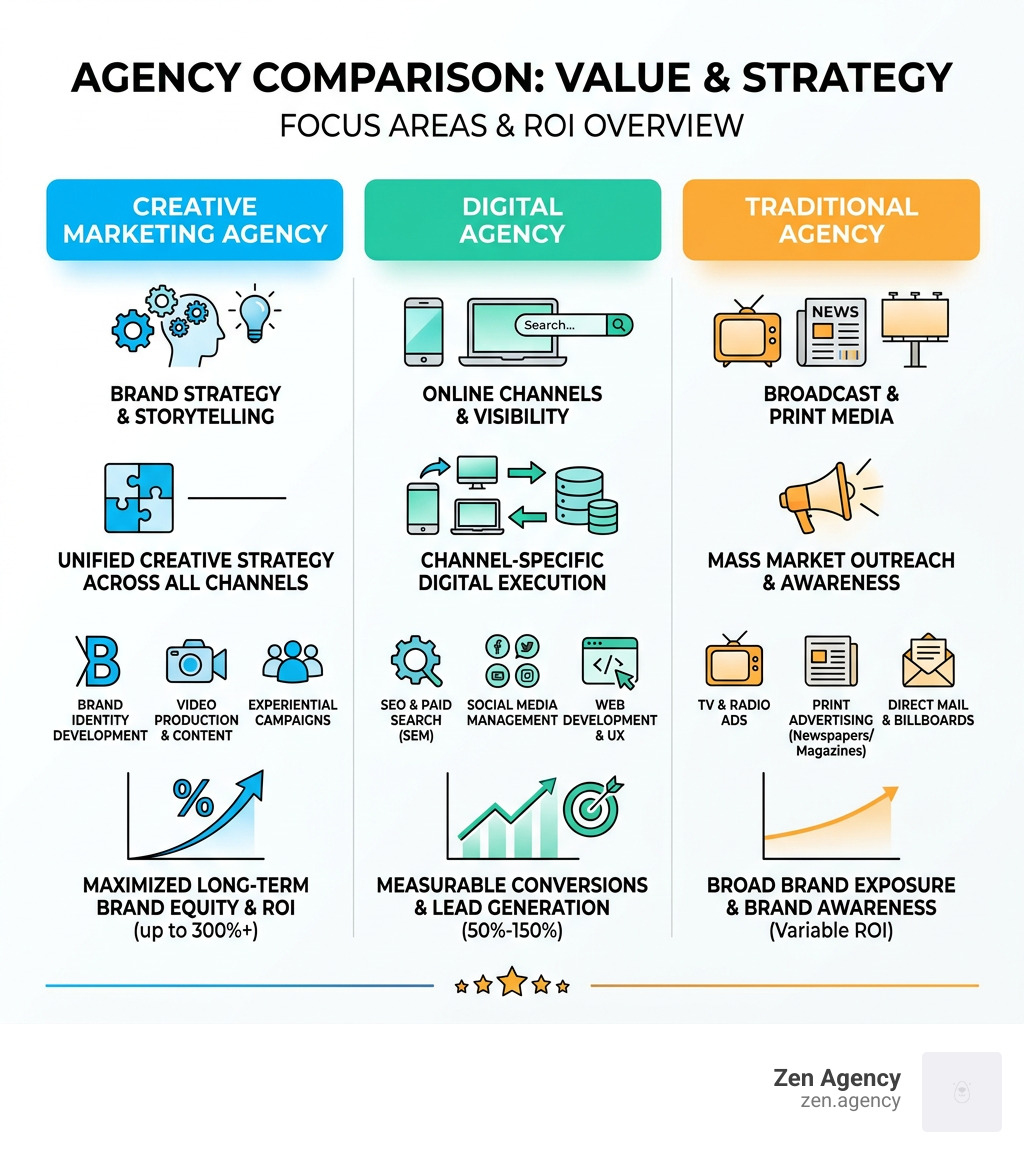 Infographic comparing what a creative marketing agency offers vs. digital and traditional agencies with key stats on ROI Infographic comparing what a creative marketing agency offers vs. digital and traditional agencies with key stats on ROI
