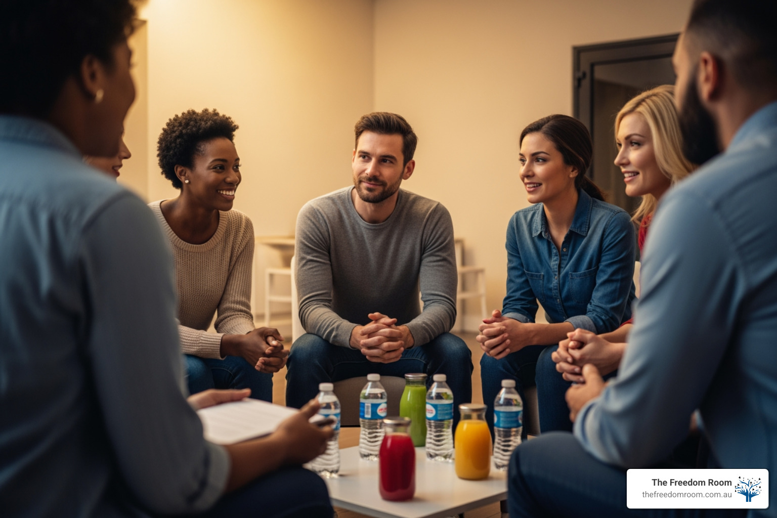 People sitting in a circle for a community support meeting to address the social and health effects of excessive drinking.