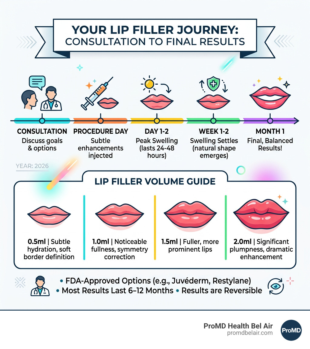 Lip filler journey infographic from consultation to final results with volume guide and timeline - Lip filler before after