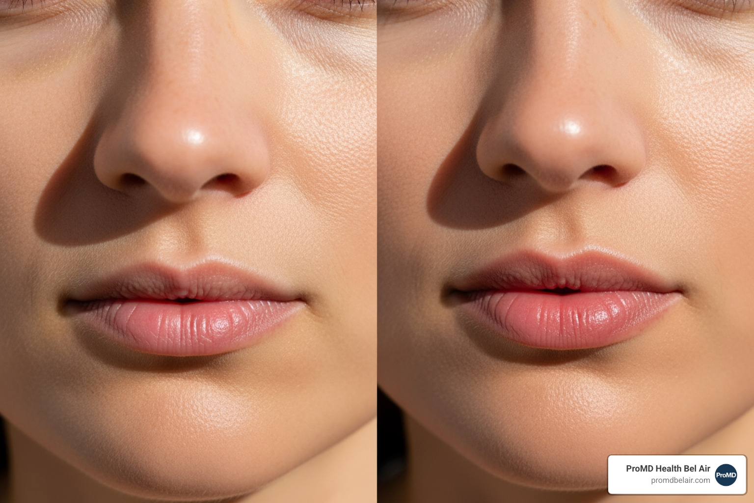 Thin lips vs enhanced lips comparison showing volume and symmetry - Lip filler before after