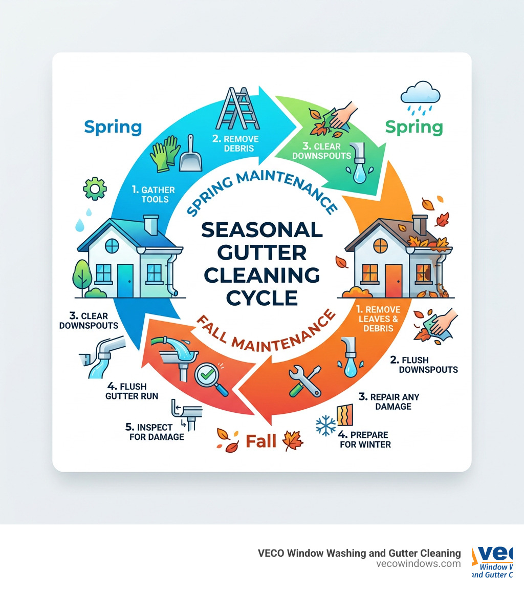 Seasonal gutter cleaning cycle infographic showing spring and fall maintenance steps - spring gutter cleaning infographic Seasonal gutter cleaning cycle infographic showing spring and fall maintenance steps - spring gutter cleaning infographic