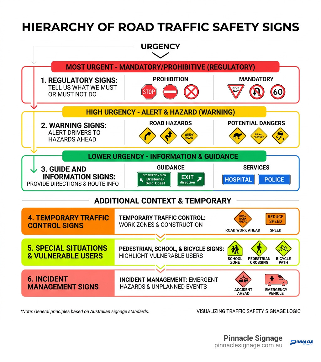 Visual guide categorizing road traffic safety signs by urgency, including warning, temporary control, and incident management.