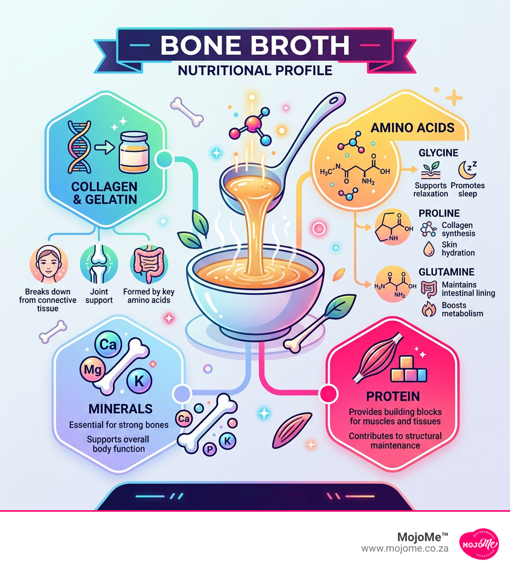 Bone broth nutritional profile infographic showing collagen, amino acids, protein and minerals - bone broth collagen Bone broth nutritional profile infographic showing collagen, amino acids, protein and minerals - bone broth collagen